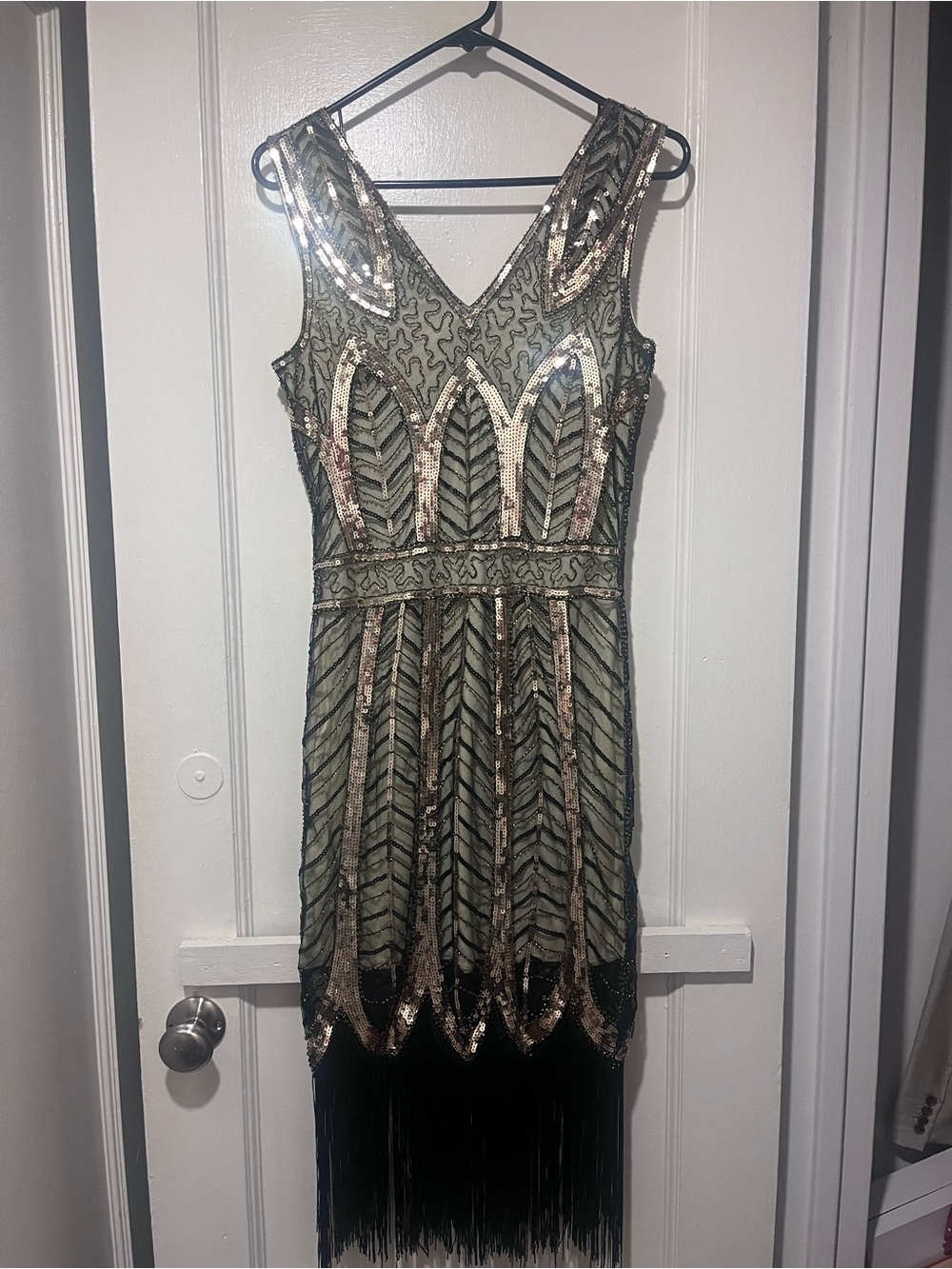 Vintage-Inspired Black and Gold Sequin Fringe Flapper Dress